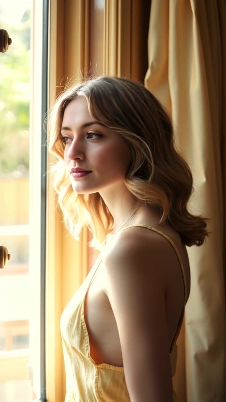 Subject: A woman standing in a sunlit room. Subject movement: She gazes thoughtfully out the window, her posture relaxed yet contemplative. Scene: A warm, inviting room filled with soft sunlight filtering through sheer curtains. Lighting: Soft, afternoon light illuminating the space, creating a serene atmosphere. Motion: The camera slowly pushes in towards the woman, capturing her expression as the room's warmth envelops her.
