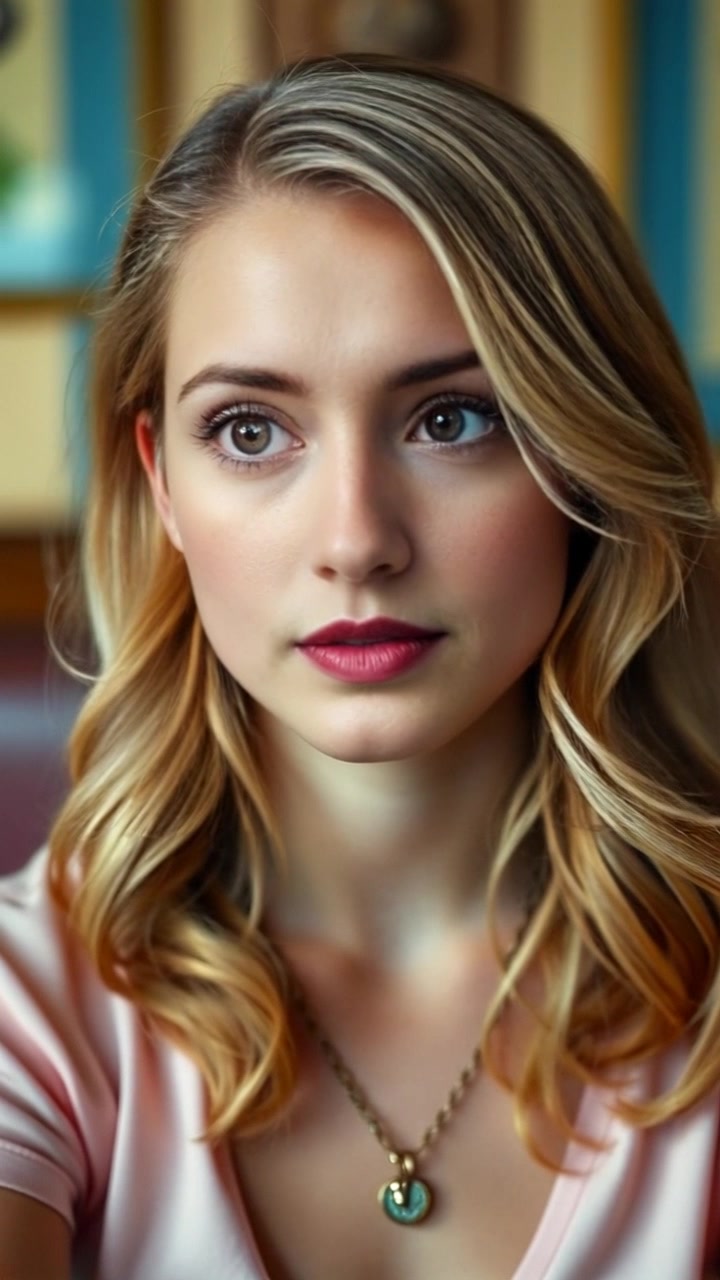 Subject: A woman showing a thoughtful expression as she engages in conversation. Subject movement: She leans slightly forward, brows furrowed, conveying curiosity. Scene: A cozy, sunlit coffee shop setting, with warm decor and soft background chatter. Style: Morning light streaming through large windows, creating a welcoming atmosphere. Motion: Camera slowly zooms in on her face, capturing the nuances of her expression in a close-up, while the vibrant surroundings blur gently into the background.