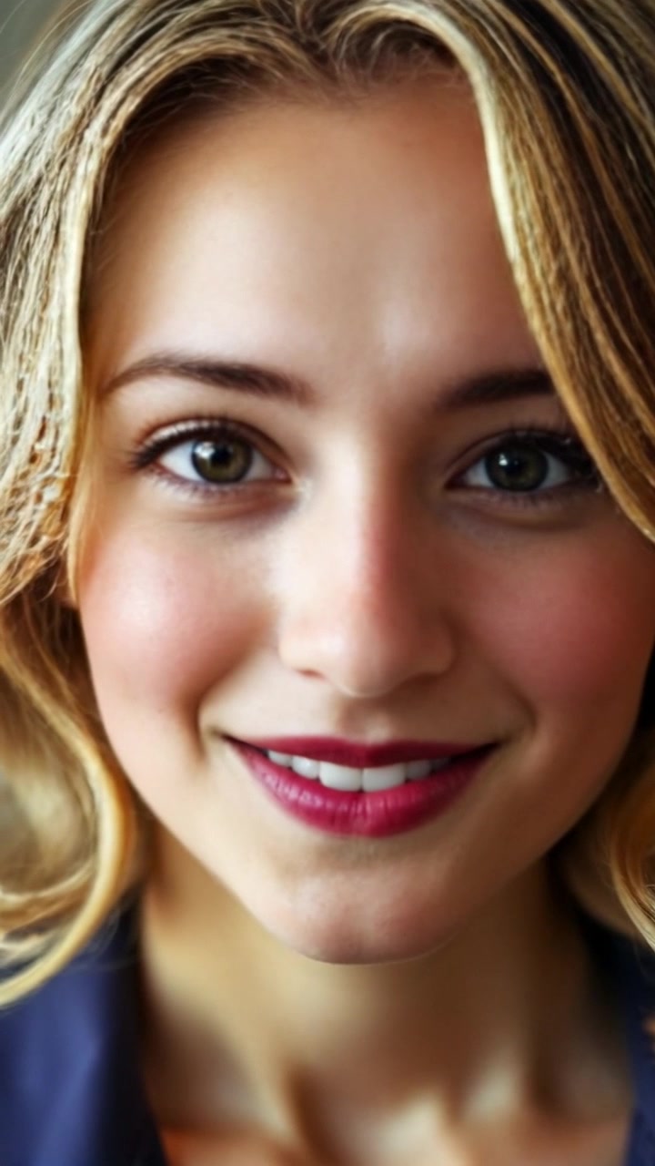Subject: A woman sharing a subtle smile, her eyes reflecting a hint of intrigue. Scene: Close-up shot capturing the warmth of the smile against a softly blurred background. Style: Warm, inviting lighting with a touch of moody shadow accentuating her expression. Motion: The camera gently pushes in, creating an intimate atmosphere as she speaks softly, allowing the viewer to feel her emotion.