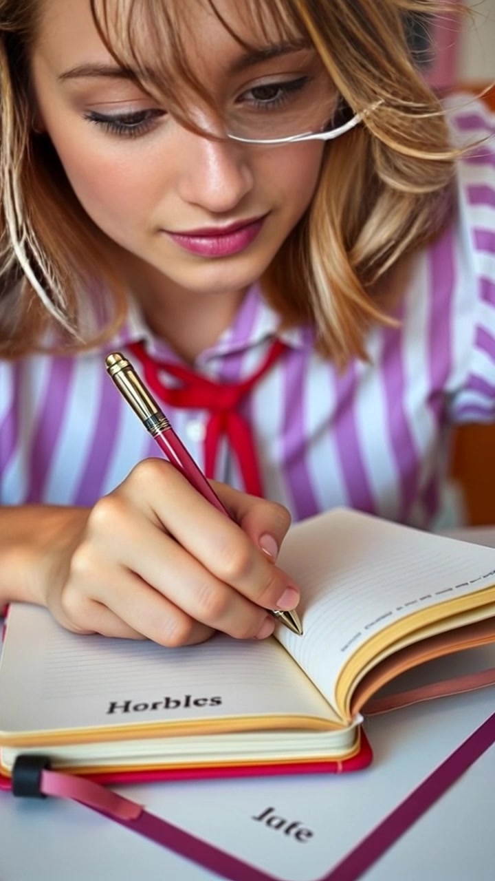 Subject: A pair of hands gracefully writing in a notebook, with a sense of contemplation. Scene: A cozy study with warm, inviting colors and soft textures, the background slightly blurred to emphasize the subject. Lighting: Warm, ambient light filters through a nearby window, creating a serene atmosphere. Motion: The camera smoothly pushes in for a close-up on the writing process, capturing the fluid movement of the pen gliding across the pages, then gently pulls back to reveal the surrounding cozy environment.