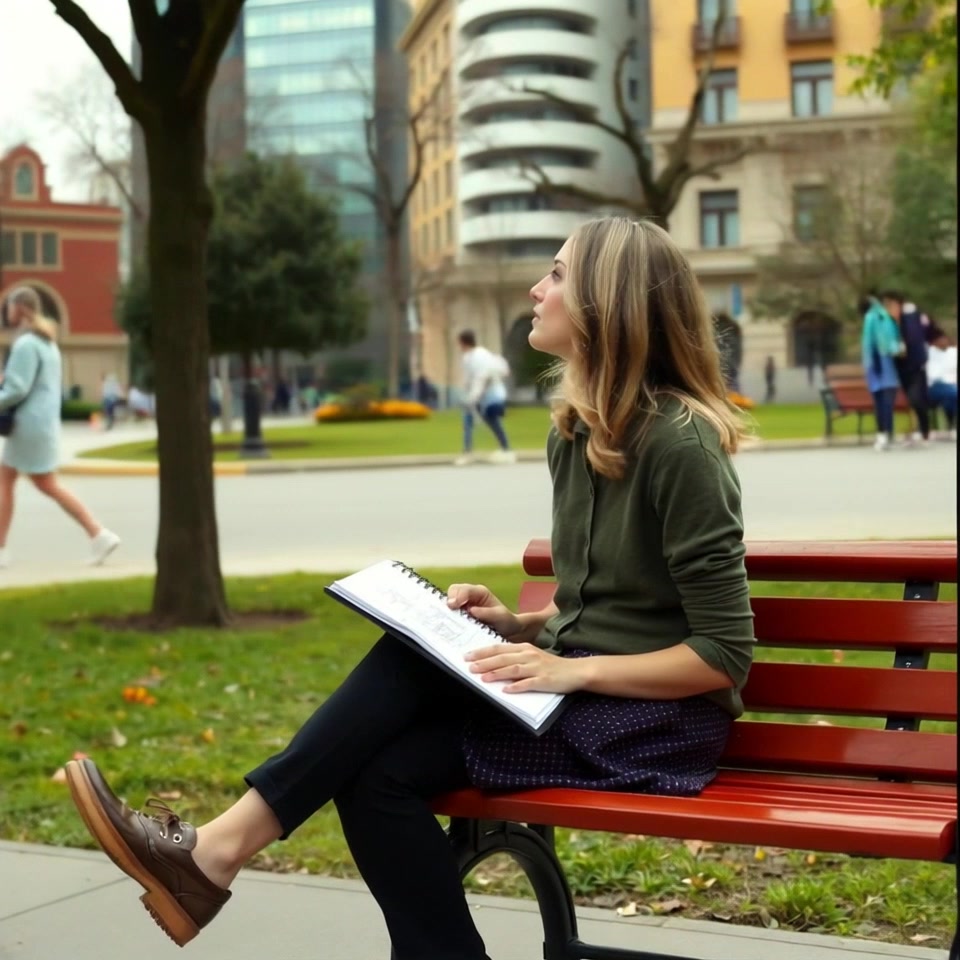 Subject: A young woman named Ashley, seated on a park bench with a sketchbook in her lap. Subject movement: She is still, looking up occasionally as people stroll past her. Scene: A bustling park filled with vibrant greenery and people enjoying the day. Style: Soft, diffused afternoon light enhancing the serene atmosphere. Motion: The camera gently pans through the park, drifting past Ashley to capture the lively interactions of the passersby, then returning to focus on her thoughtful expression.