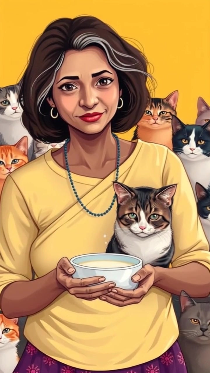 Subject: Asha holding a saucer of milk with a hesitant expression. Subject movement: Asha shifts her gaze towards the ground, taking a small step back as if unsure about her next action. Scene: A cozy kitchen setting filled with soft morning light filtering through a window, illuminating the simple wooden table and surrounding decor. Motion: The camera gently pushes in on Asha, capturing her subtle movement and the reflection in the milk, creating a warm and inviting atmosphere.