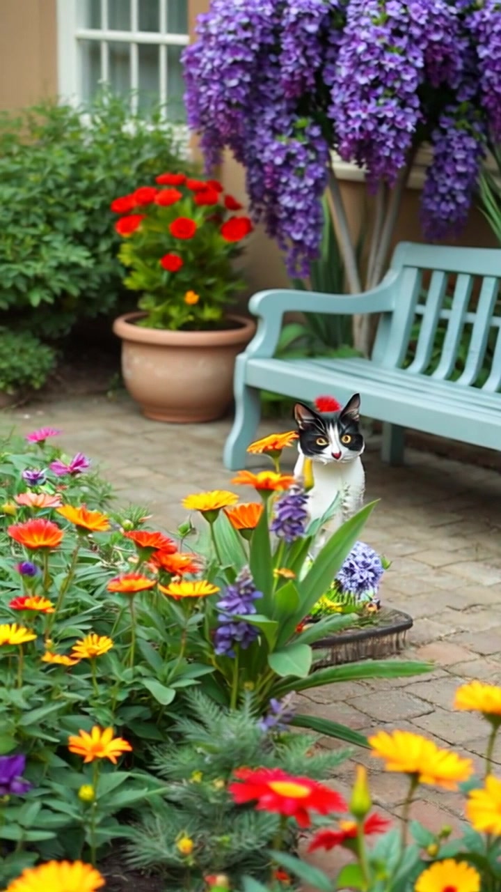 Scene: Asha's vibrant garden brimming with colorful flowers, accompanied by a charming small bench nestled in the background. Style: Bright, cheerful lighting highlighting the various hues of the blossoms, creating an inviting atmosphere. Motion: The camera glides smoothly through the garden, capturing the swaying flowers as a gentle breeze passes through, culminating in a panoramic view of the entire scene.