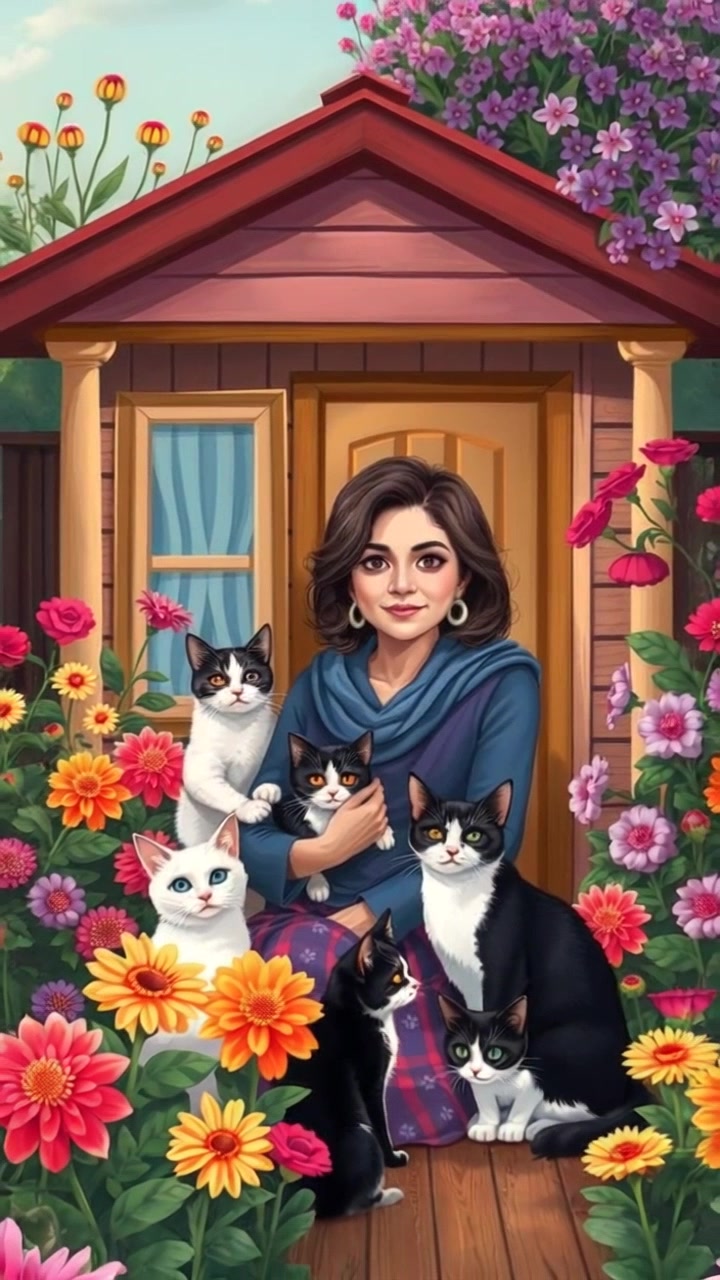 Scene: A quaint, cozy house enveloped by vibrant, colorful flowers in a lush garden. Style: Soft morning light illuminating the scene, creating a warm and inviting atmosphere. Motion: The camera smoothly pans outward from the front of the house, capturing the lively garden as the flowers sway gently in a light breeze, showcasing the charm of Asha's home.
