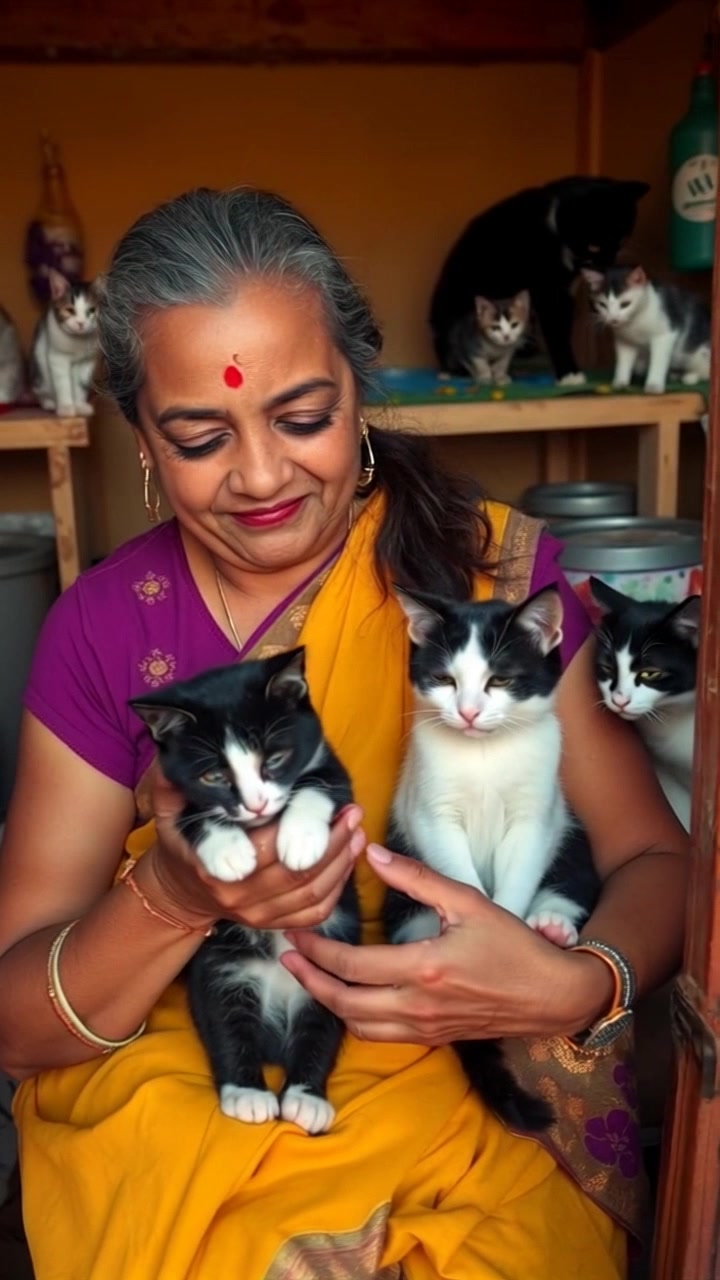 Subject: Asha gently petting an adorable kitten in her cozy garden shed. Subject movement: The kitten purrs softly, its eyes closing as Asha strokes its fur. Scene: A charming shed filled with warm wood accents and light streaming through small windows, surrounded by potted plants. Style: Soft, natural light filtering in, creating a warm and inviting atmosphere. Motion: Camera moves slowly in a close-up shot, capturing the tender interaction between Asha and the kitten, with a gentle tilt to reveal the charming details of the shed.