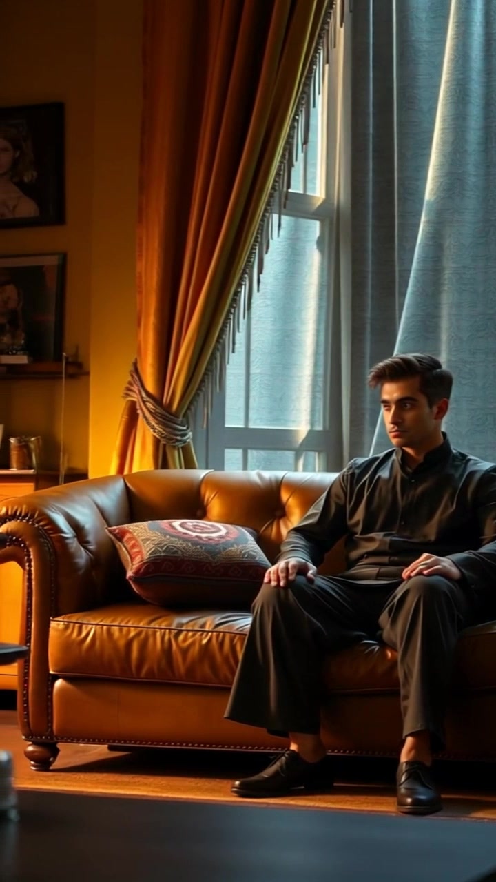 Subject: An individual sitting dejectedly on a sofa. Subject movement: The individual glances around the room with a lost expression, shifting slightly in their seat. Scene: A cozy living room filled with soft lighting and warm colors, plush furniture, and personal decorations that reflect a sense of nostalgia. Style: Ambient lighting creates a gentle, inviting atmosphere. Motion: The camera slowly pans around the room, capturing the details of the setting while occasionally focusing back on the individual's contemplative demeanor.