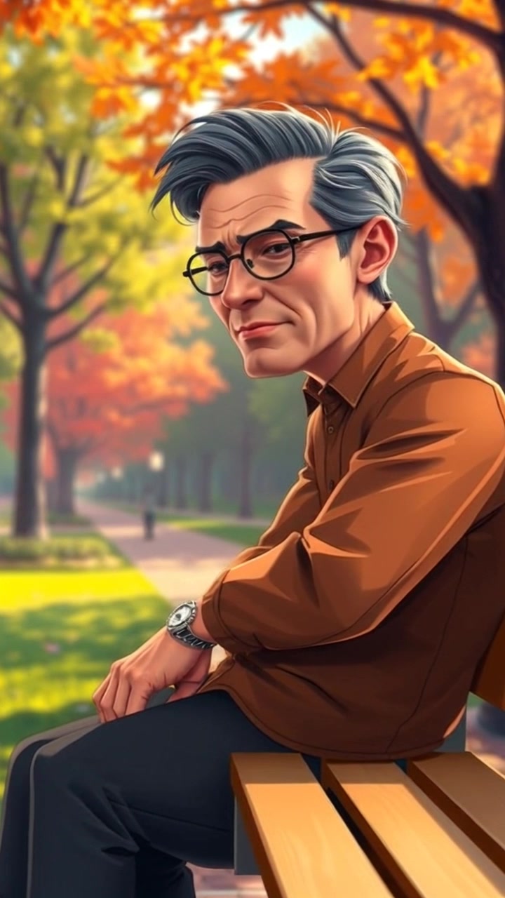 Subject: A weary figure named Mark, sitting contemplatively on a park bench. Subject movement: Mark shifts slightly, adjusting his posture as he gazes into the distance, lost in thought. Scene: A serene park setting with lush greenery and dappled sunlight filtering through the trees. Style: Soft, ambient lighting creating a tranquil atmosphere, accentuating the feeling of reflection and solitude. Motion: Camera slowly pushes in from a wide shot to a close-up of Mark's pensive expression, capturing the subtle shifts in his demeanor.