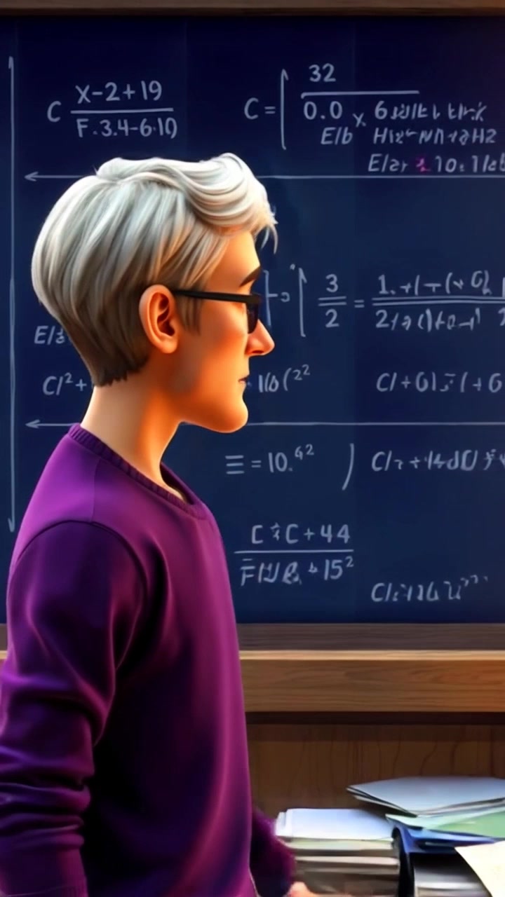 Subject: A contemplative figure stands in front of a chalkboard filled with mathematical equations. Subject movement: The figure gestures subtly towards the equations, deep in thought, lost in a moment of reflection. Scene: An intimate study filled with books, a large chalkboard dominating one wall, scattered papers on a desk. Style: Warm, ambient lighting illuminating the room, casting a thoughtful glow over the scene. Motion: The camera slowly pushes in, capturing the figure's focused expression while maintaining a shallow depth of field that highlights the equations behind.