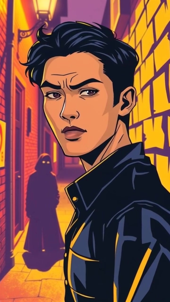 Subject: A figure standing in a dimly lit alley with a stern expression. Scene: A tense urban alley where the light and shadows create a moody atmosphere, enhancing the suspense of the unseen figure looming nearby. Motion: The camera creeps forward slowly, creating a dramatic push-in effect that intensifies the tension as Ken squares his shoulders, ready to confront the hidden threat.