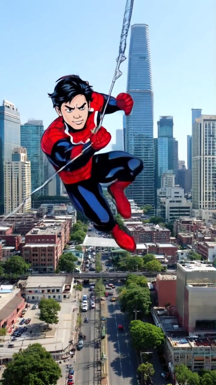 Subject: A superhero swinging through the city. Subject movement: The superhero launches into action, swinging powerfully with webs trailing behind. Scene: A vibrant urban landscape filled with towering skyscrapers and bustling streets below. Style: Bright, sunny lighting that highlights the action-packed moment. Motion: Camera follows the superhero with a dynamic handheld tracking shot, capturing the thrill of movement and the energy of the city.