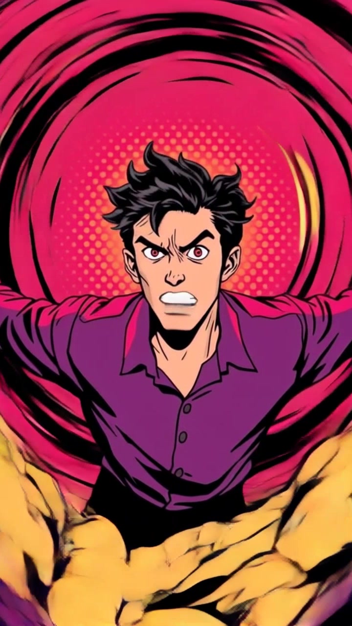 Subject: Ken emerging from a swirling portal. Subject movement: Ken steps out forcefully, his expression a mix of anger and surprise. Scene: A vibrant, otherworldly portal fluctuating with dynamic colors against a dark, shadowy background. Style: Glowing, ethereal lighting illuminating Ken's features, contrasting sharply with the ominous surroundings. Motion: The camera performs a dramatic push-in as Ken emerges, capturing the swirl of the portal behind him and the intensity of his emotions.