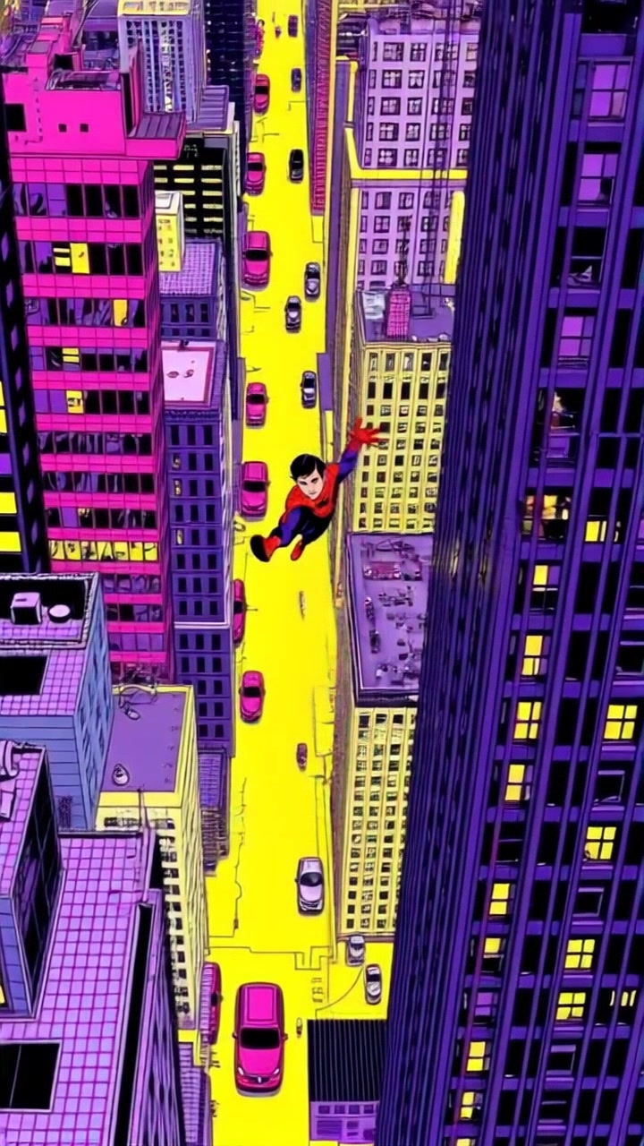 Subject: A dynamic figure swinging gracefully between skyscrapers. Subject movement: The figure swings energetically between the towering buildings of New York City, rhythmic and fluid. Scene: A bustling aerial view of New York City, showcasing the iconic skyline filled with high-rises and urban energy. Lighting: Bright midday light illuminating the scene, creating striking shadows on the buildings. Motion: The camera follows in a sweeping motion, tracking the figure's arc through the cityscape, capturing the vibrant life below.