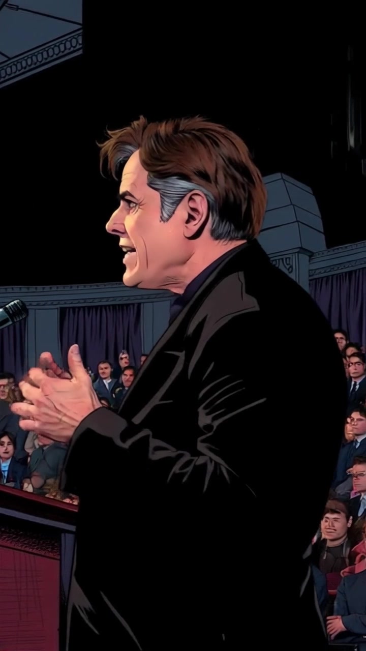 Subject: Jack standing at a podium. Subject movement: Jack gestures passionately as he speaks, his body moving animatedly to emphasize points. Scene: A large auditorium filled with an engaged audience, with rows of seats stretching into the background. Style: Warm lighting from overhead chandeliers creates an inviting atmosphere. Motion: The camera performs a dramatic push in toward Jack as he gains momentum in his speech, then slowly pans to capture the audience's reactions, intercut with close-ups of captivated faces.