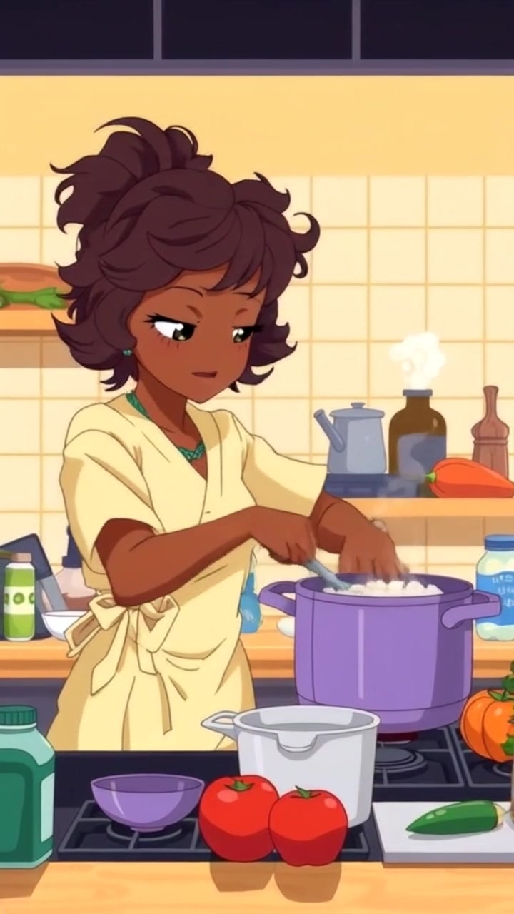 Subject: Nia engaged in cooking. Subject movement: Nia stirs a bubbling pot on the stove, her hands in fluid motion as she checks the ingredients. Scene: Cozy kitchen filled with warm lighting, ingredients scattered across the counter, depicting a homely atmosphere. Motion: Camera gently zooms in on Nia's focused expression while she stirs, then pulls back to reveal the entire inviting kitchen, capturing the essence of a lively home-cooked meal.