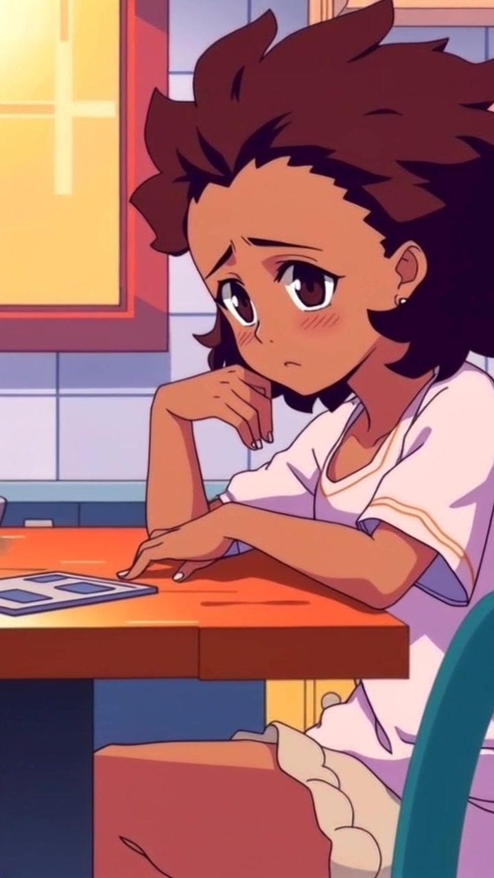 Subject: A young woman, sitting at a kitchen table, her face resting on her hands, looking down sadly. Scene: A cozy kitchen filled with warm, inviting colors and sunlight streaming through a window, creating a soft glow across the table. Motion: The camera slowly pushes in on her contemplative expression, capturing the subtle emotions as the atmosphere takes on a sense of nostalgia, enhanced by warm morning light.