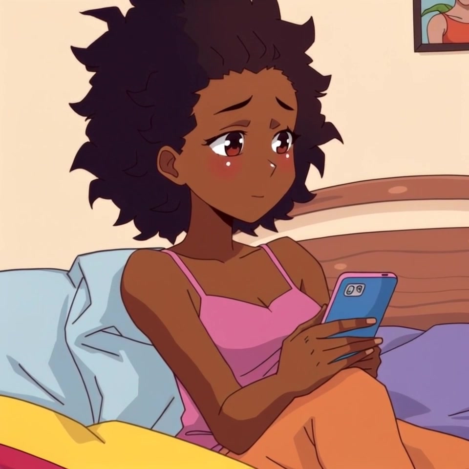 Subject: A young woman sitting on her bed, tears glistening in her eyes as she reads a message on her phone. Scene: A cozy bedroom with soft, subtly patterned bedding and warm lighting, creating an intimate atmosphere. Motion: The camera slowly pushes in towards her, capturing the delicate emotions on her face while conveying a sense of closeness and vulnerability.