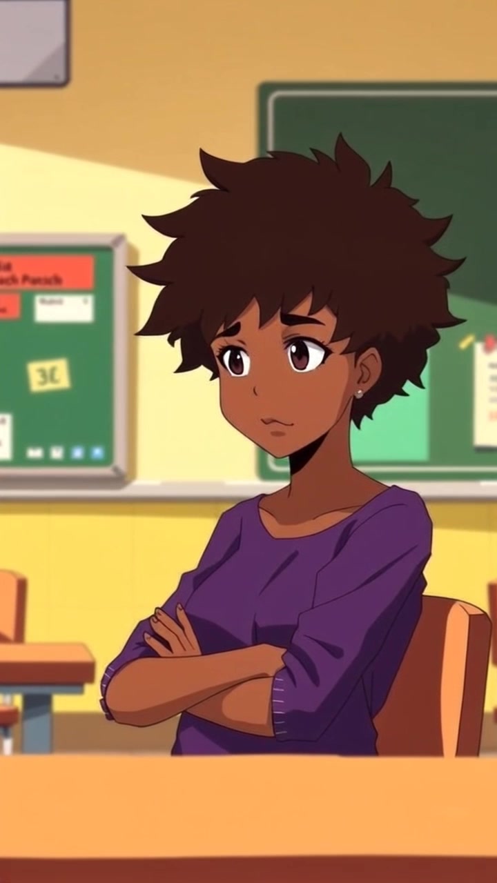 Subject: A young girl sitting alone at a classroom desk. Subject movement: She shifts her gaze slowly around the room, reflecting her feelings of isolation. Scene: The classroom is dimly lit, with empty desks and dull, muted colors conveying a sense of loneliness. Style: Soft, ambient light filtering through dusty windows casts gentle shadows, creating a melancholic atmosphere. Motion: A slow push-in camera movement focusing on her expressive face, capturing the depth of her sadness as the foreground softens and the background fades out.