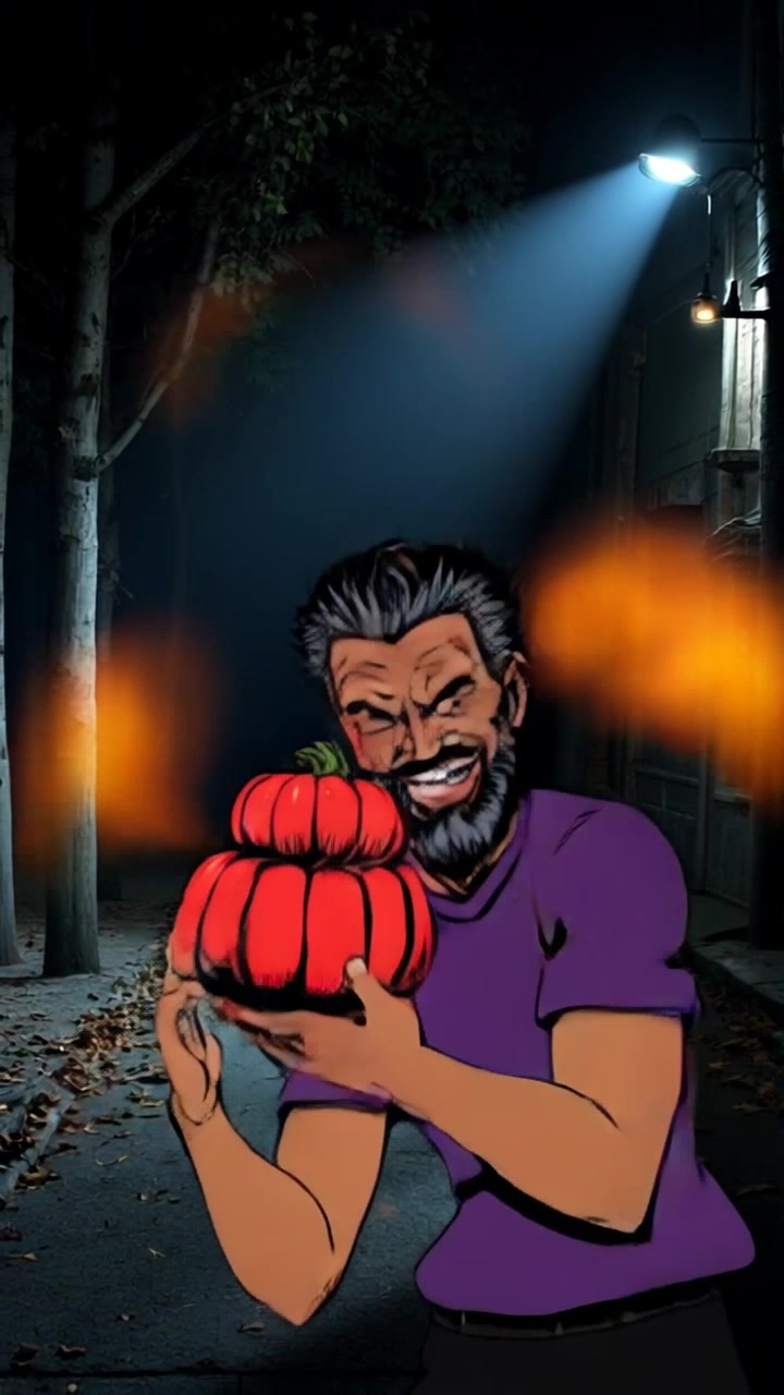 Subject: A character with a wicked smile, preparing to throw a pumpkin bomb. Subject movement: The character winds up dramatically, ready to launch the bomb with an explosive toss. Scene: A dark, eerie alleyway illuminated by flickering streetlights, filled with scattered leaves and shadows. Style: Sinister lighting casting sharp contrasts, creating an ominous atmosphere. Motion: The camera begins with a close-up on the character's face, capturing the anticipation in his expression, then swiftly pulls back to reveal the full action as he throws the bomb.