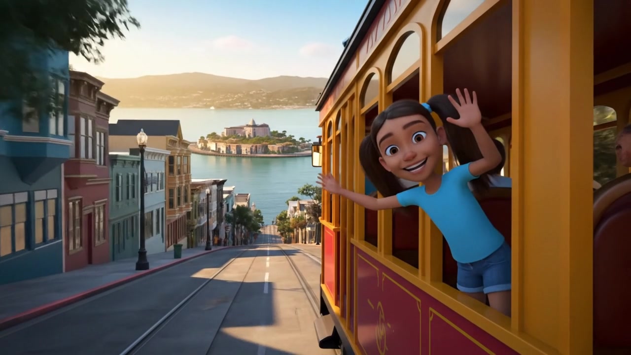 A girl waves from a San Francisco trolley. The trolley is going up a steep San Francisco street with Alcatraz and water in the distance. In a Pixar, 3D animation style. The camera tracks beside a colorful trolley as it clanks up a steep hill. A girl leans out and waves, her hair blowing in the breeze. In the distance, Alcatraz gleams against the bay, bathed in golden afternoon light.