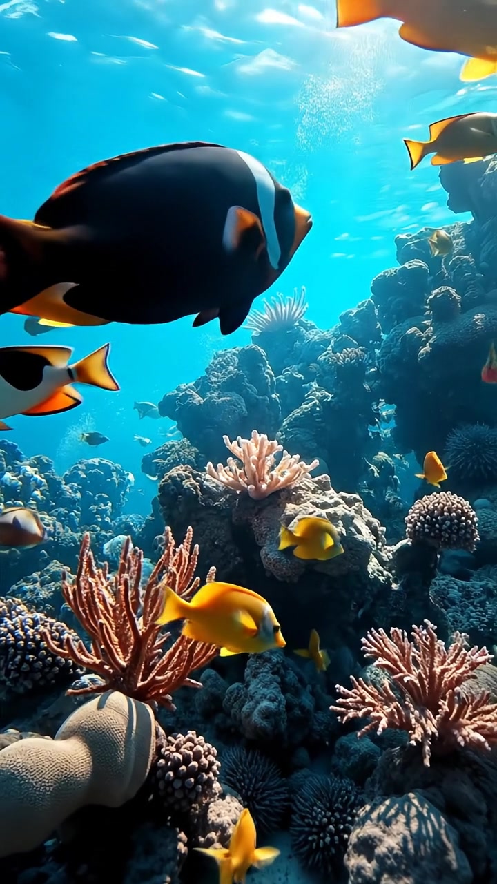 A vibrant underwater scene with a variety of marine life swimming among coral reefs.