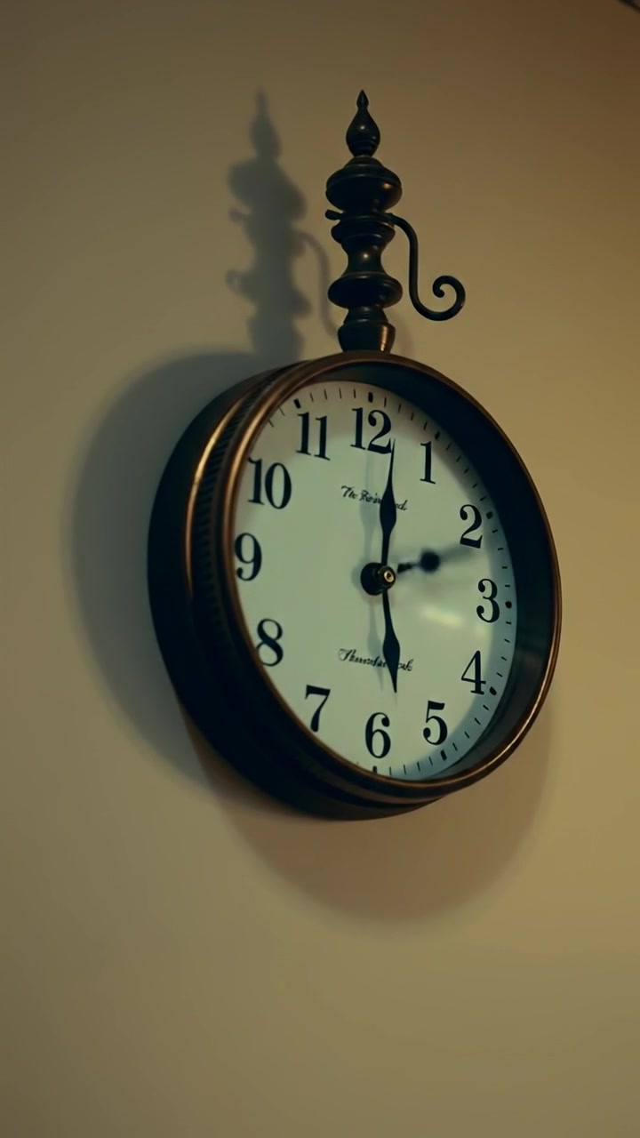 A close-up of a wall clock with rapidly moving hands, sunlight casting soft shadows, featuring high detail and smooth camera motion, capturing the fleeting essence of time in warm natural lighting.