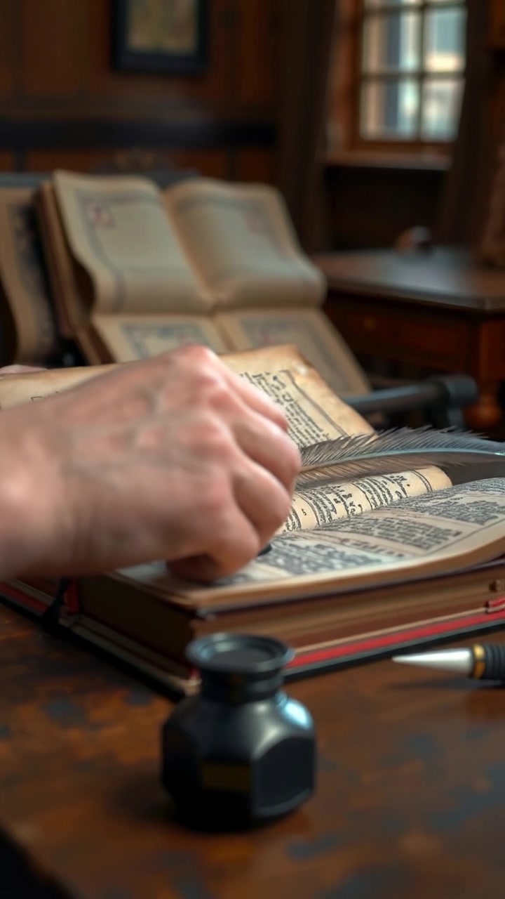 Close-up of an open ancient book on a rustic wooden table, accompanied by a feather quill and vintage ink pot, illuminated by soft natural light, high detail, smooth camera motion emphasizing texture and age of the materials, warm tone ambiance.