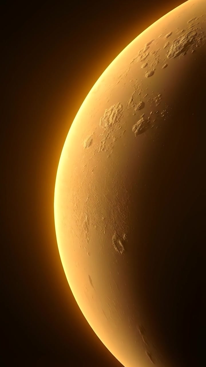 A breathtaking view of Venus from space, showcasing its thick, swirling atmosphere illuminated by the sun. Shot with high detail, soft cinematic lighting, and smooth camera movement resembling an aerial shot, emphasizing the planet's hazy, vibrant surface in a serene, otherworldly setting.