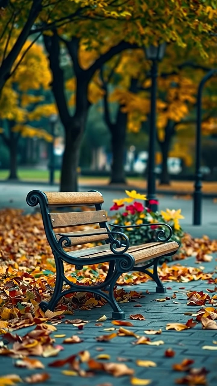 A solitary park bench amidst vibrant autumn leaves under soft, natural lighting, with gentle camera movement capturing the tranquil, reflective atmosphere and rich warm tones, emphasizing solitude in a serene park setting.