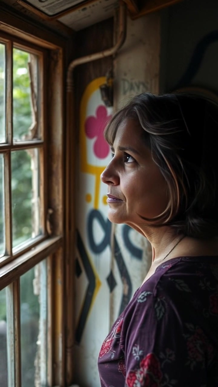 Subject: Asha gazing thoughtfully out of her window. Subject movement: She remains still, contemplating the view beyond. Scene: A cozy room filled with natural light, with soft furnishings and a scenic view visible through the window. Style: Morning light creating a gentle, inviting atmosphere. Motion: The camera slowly pushes in on Asha's face, capturing the nuances of her expression and the texture of the room, while the soft rustling of leaves outside provides an ambient backdrop.