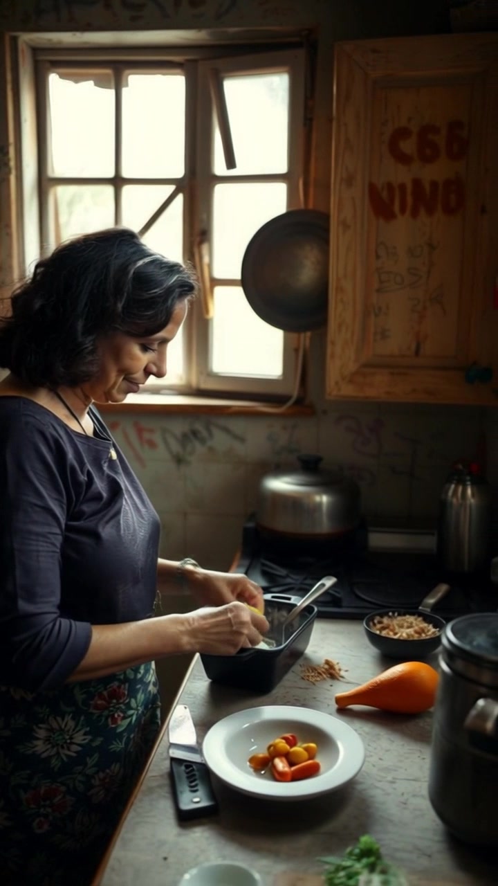Subject: Asha in the kitchen, cooking thoughtfully with a calm and focused expression. Subject movement: Asha chops vegetables methodically at a wooden countertop, occasionally glancing at simmering pots on the stove. Scene: Cozy kitchen filled with warm, ambient lighting and an inviting atmosphere, featuring colorful ingredients scattered around. Motion: The camera gently pans across the kitchen, capturing Asha's movements and the vibrant details of her culinary task.