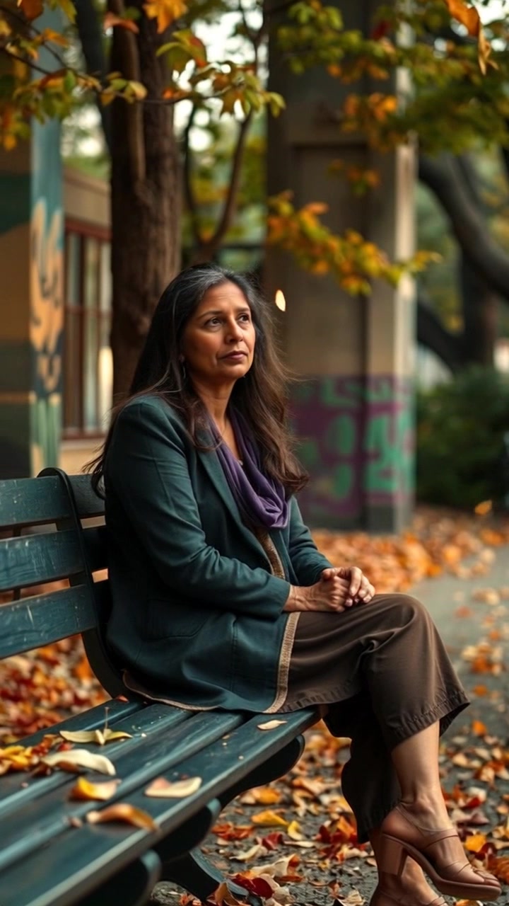 Subject: Asha sitting on a bench in a park, appearing thoughtful as she gazes into the distance. Scene: A serene park setting with autumn leaves gracefully falling around her, the vibrant colors of the foliage creating a picturesque backdrop. Lighting: Soft afternoon light casts a warm glow over the scene, enhancing the tranquil atmosphere. Motion: Camera gently pushes in on Asha, capturing the moment as leaves flutter down, creating a calm yet reflective mood.