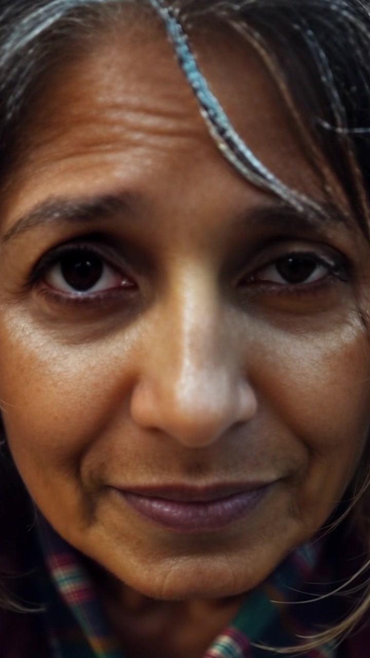 Scene: A close-up of an old woman's eyes, filled with intense emotion, revealing stories of her life. Style: Soft, diffused lighting enhancing the warmth and depth of her gaze, creating an intimate atmosphere. Motion: The camera gently pushes in on her eyes, capturing the subtle reflections and the rich textures of her skin as the light changes, evoking a sense of nostalgia.