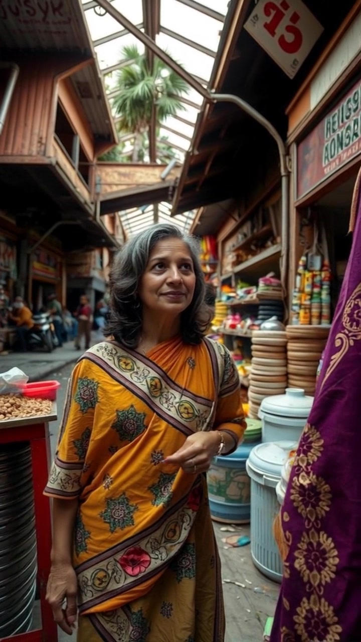 Subject: A young woman standing in a bustling marketplace, her expressions reflecting both curiosity and awkwardness as she engages with local vendors. Scene: Vibrant marketplace filled with colorful stalls, diverse crowds, and assorted goods. Style: Bright, midday lighting illuminating the lively atmosphere with an inviting energy. Motion: Handheld camera tracking shot, weaving through the crowd to capture her interactions, subtly shifting focus to showcase the dynamic environment around her.