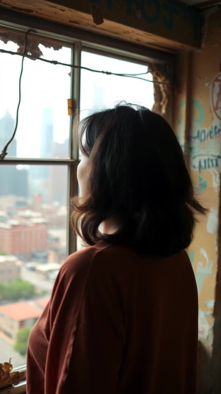 Subject: Asha standing in front of a large window, overlooking a city skyline. Subject movement: She gazes thoughtfully into the distance, her hair gently moving with a soft breeze. Scene: Asha deep in thought while the vibrant city skyline glimmers outside the window. Style: Warm afternoon light filtering through the glass, casting soft shadows. Motion: Camera slowly pushes in on Asha, capturing her contemplative expression while the background cityscape remains slightly blurred, creating an intimate focus on her.