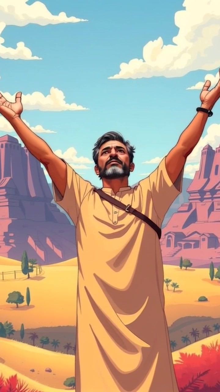 Subject: Prophet Solomon standing with arms raised towards the sky. Subject movement: Solomon holds his pose confidently, exuding a sense of peace and authority. Scene: A serene landscape featuring rolling hills and a clear blue sky, with gentle clouds drifting lazily by. Style: Soft, natural lighting with a warm glow bathed over the entire scene, enhancing the tranquility. Motion: The camera slowly pushes in towards Solomon, capturing the vastness of the landscape around him while maintaining focus on his elevated arms, creating a dramatic sense of connection between earth and heaven.