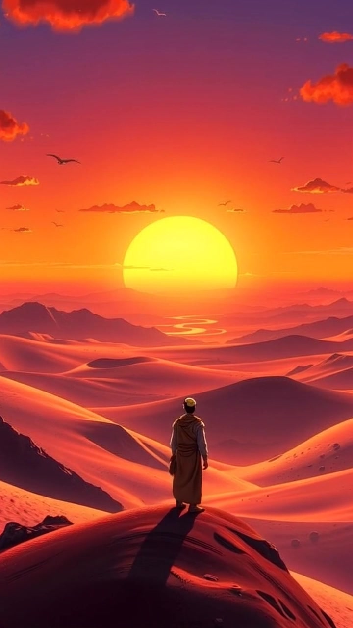 Subject: Prophet Abraham standing on a ridge. Subject movement: Abraham gazes contemplatively towards the horizon, with soft movements reflecting the gentle breeze. Scene: A vast desert landscape at sunset, the sky a vibrant palette of orange and purple hues. Style: Warm, glowing sunset lighting casting elongated shadows across the dunes. Motion: Camera slowly pushes in towards Abraham, framing him against the expansive horizon, creating a sense of introspection and tranquility.
