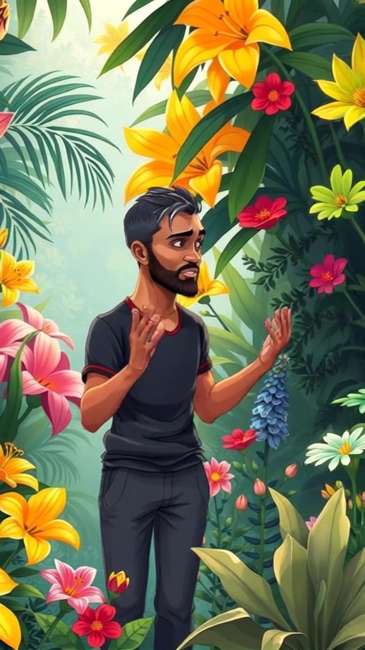 Subject: Omar standing in a lush garden, surrounded by vibrant plants and flowers. Subject movement: Omar gestures animatedly, discussing the beauty of his surroundings as he slowly walks among the blooms. Scene: A vibrant garden filled with myriad colorful plants and flowers, capturing the essence of spring. Style: Soft, natural lighting, highlighting the vivid greens and radiant hues of the flora. Motion: Camera smoothly tracks alongside Omar, capturing his movements from a slightly elevated angle, creating an immersive experience of the garden's splendor.