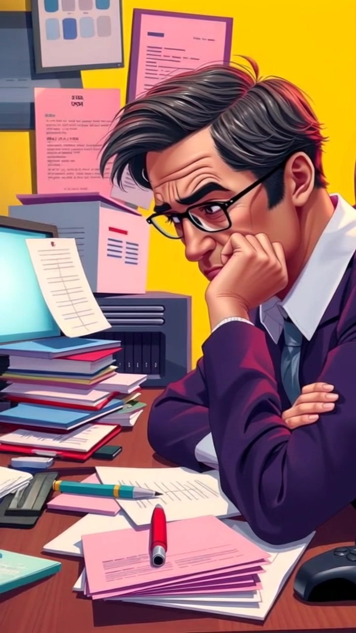 Subject: A frustrated man deep in thought at a cluttered office desk. Subject movement: He leans back in his chair, running his hands through his hair in exasperation. Scene: A disorganized office with scattered papers, a glowing computer screen, and a dimly lit atmosphere. Style: The lighting is soft and warm, casting a cozy yet chaotic feel to the space. Motion: The camera slowly pans around the desk, capturing the man’s expressions and the surrounding mess, creating a sense of intimacy with his struggle.