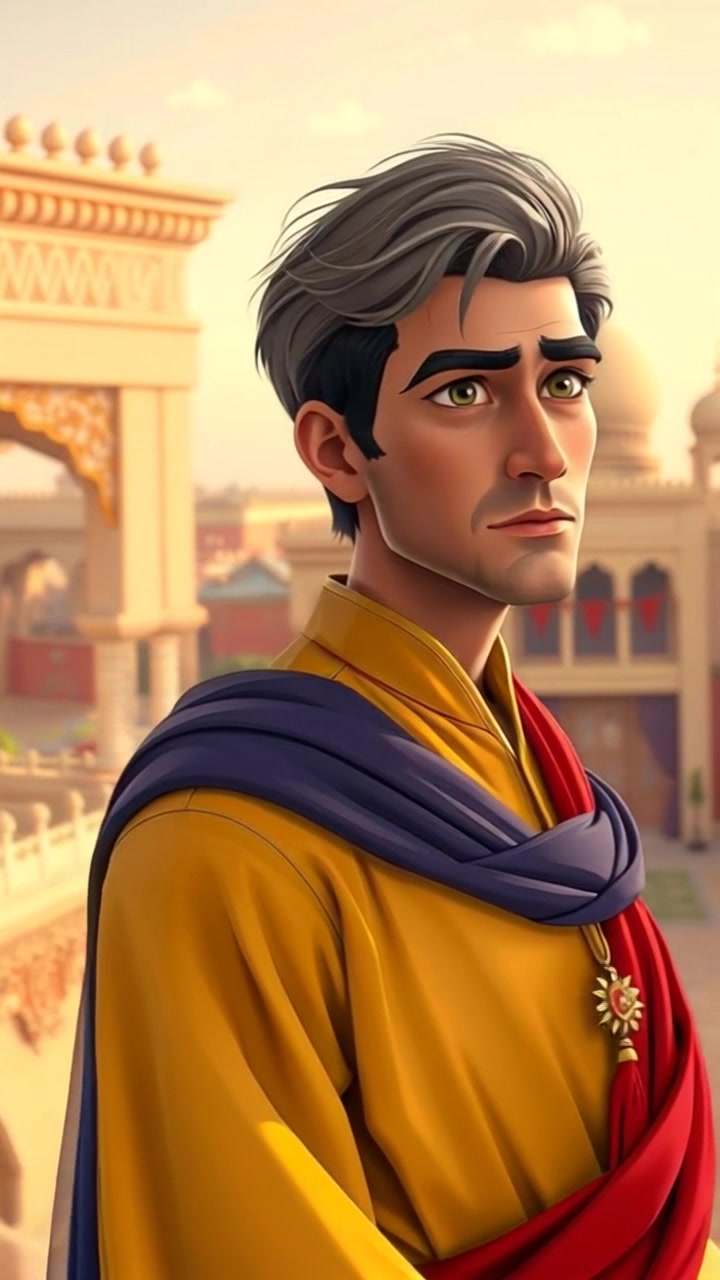 Subject: A determined individual stands on a palace balcony, gazing out at the horizon. Scene: The grandeur of a richly adorned palace balcony with intricate architectural details, overlooking a vibrant landscape below. Style: Late afternoon sunlight casts long shadows, creating a dramatic atmosphere. Motion: The camera slowly pushes in closer to capture the subject's resolute expression, revealing the intricacies of the palace and the expansive view behind.
