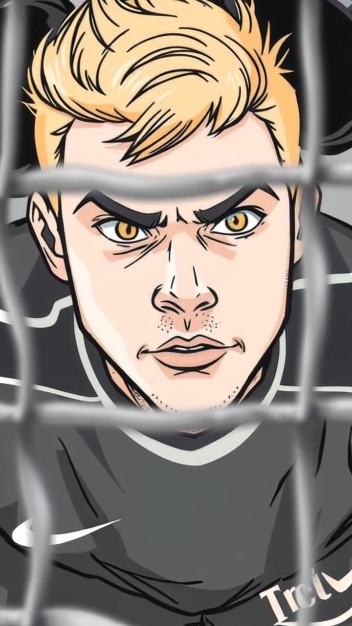 Subject: A focused goalie in a defensive stance, intensely preparing to protect the goal. Subject movement: The goalie shifts slightly, eyes locked on the field, muscles tensed in anticipation of the play. Scene: An electrifying soccer field, the crowd's energy palpable in the background. Style: Dramatic overhead lighting creating stark contrasts, highlighting the goalie’s determination. Motion: Camera pushes in slowly towards the goalie’s face, capturing the intensity in his expression, then tilts slightly to reveal the field and players readying for the next move.