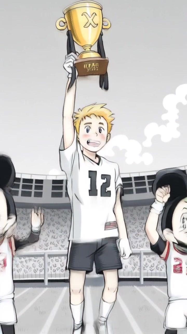 Subject: Ryan celebrating with the championship trophy held high, surrounded by teammates. Subject movement: They exuberantly jump and cheer, expressing their victory. Scene: A vibrant trophy ceremony on the field, with the stadium packed with cheering fans in the background. Lighting: Bright stadium lights illuminating the moment, enhancing the triumphant atmosphere. Motion: The camera pans upward, capturing the joyous celebration and wide smiles of the teammates as they rally around Ryan.