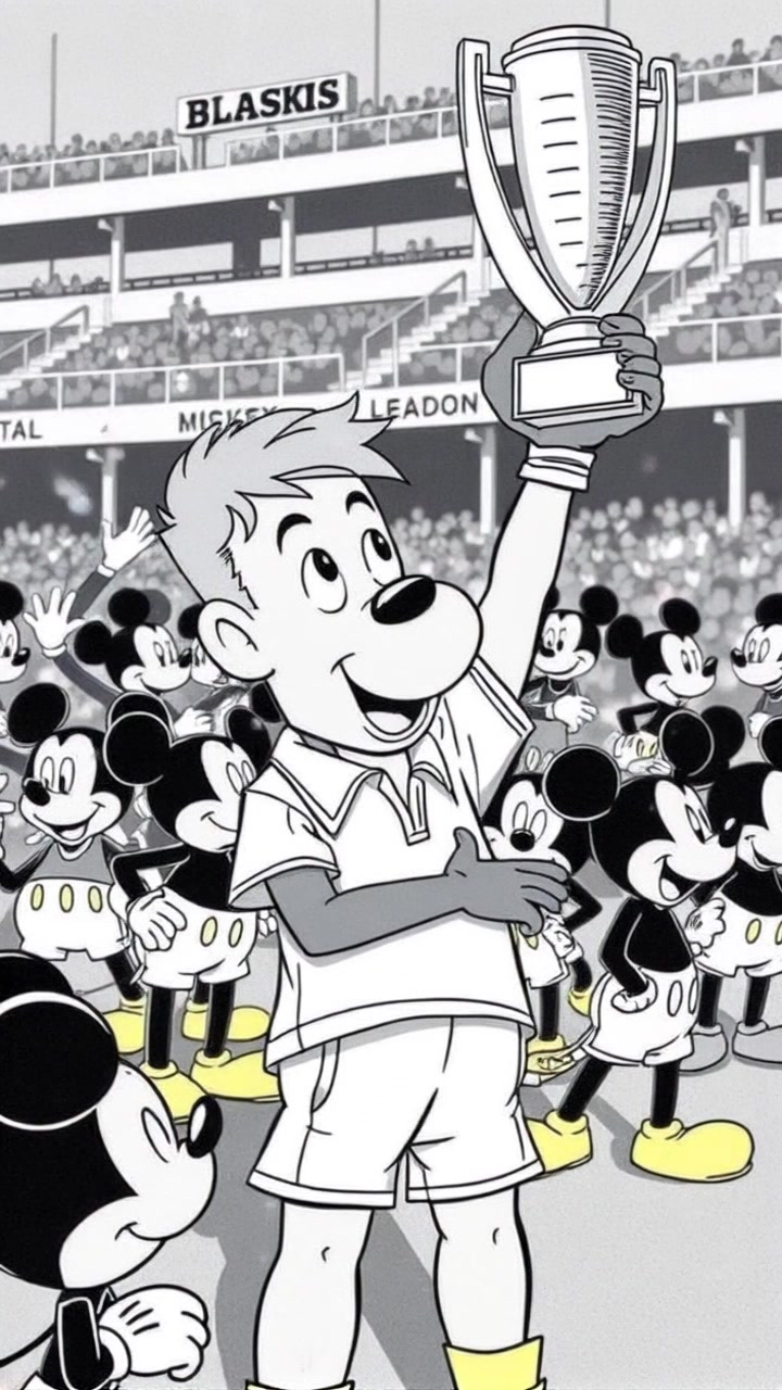 Subject: Ryan proudly standing in front of a cheering crowd, holding a trophy high above his head. Subject movement: He raises the trophy with a triumphant smile as the crowd erupts in excitement. Scene: A vibrant outdoor arena filled with enthusiastic fans, confetti raining down, and a bright blue sky in the background. Lighting: Bright sunlight casting energetic glows throughout the scene. Motion: Camera begins with a close-up of Ryan's jubilant expression, then smoothly pushes out to reveal the ecstatic audience behind him.