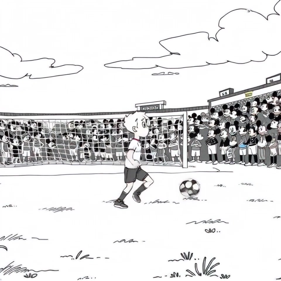 Subject: A determined athlete approaching the goal with the soccer ball at his feet. Subject movement: The player strides confidently across a vibrant green field, showcasing an athletic build and focused demeanor. Scene: A wide-open soccer field under a bright blue sky, with the goalposts in the background. Style: Afternoon light bathing the scene in warmth, enhancing the contrast between the lush grass and the player's uniform. Motion: The camera tracks in smoothly from the side as the player advances, capturing his footwork and intensity as he draws closer to the goal.