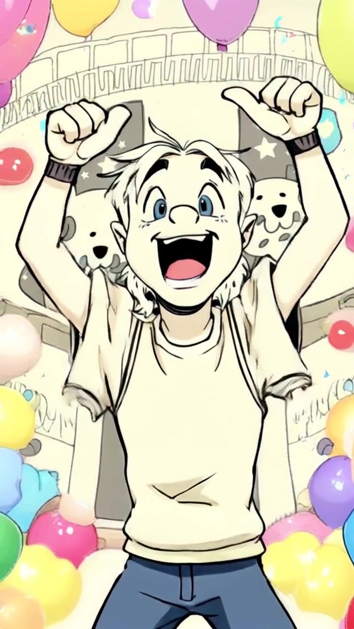 Subject: A jubilant character with arms raised in victory. Subject movement: The character bounces in excitement, expressing triumph. Scene: A vibrant festive atmosphere filled with colorful balloons and confetti raining down. Style: Bright, celebratory lighting illuminating the scene, with a cheerful and inviting mood. Motion: The camera performs a dynamic push-in towards the character, capturing the joyful expression and the festive backdrop as it swirls around, enhancing the feeling of celebration.