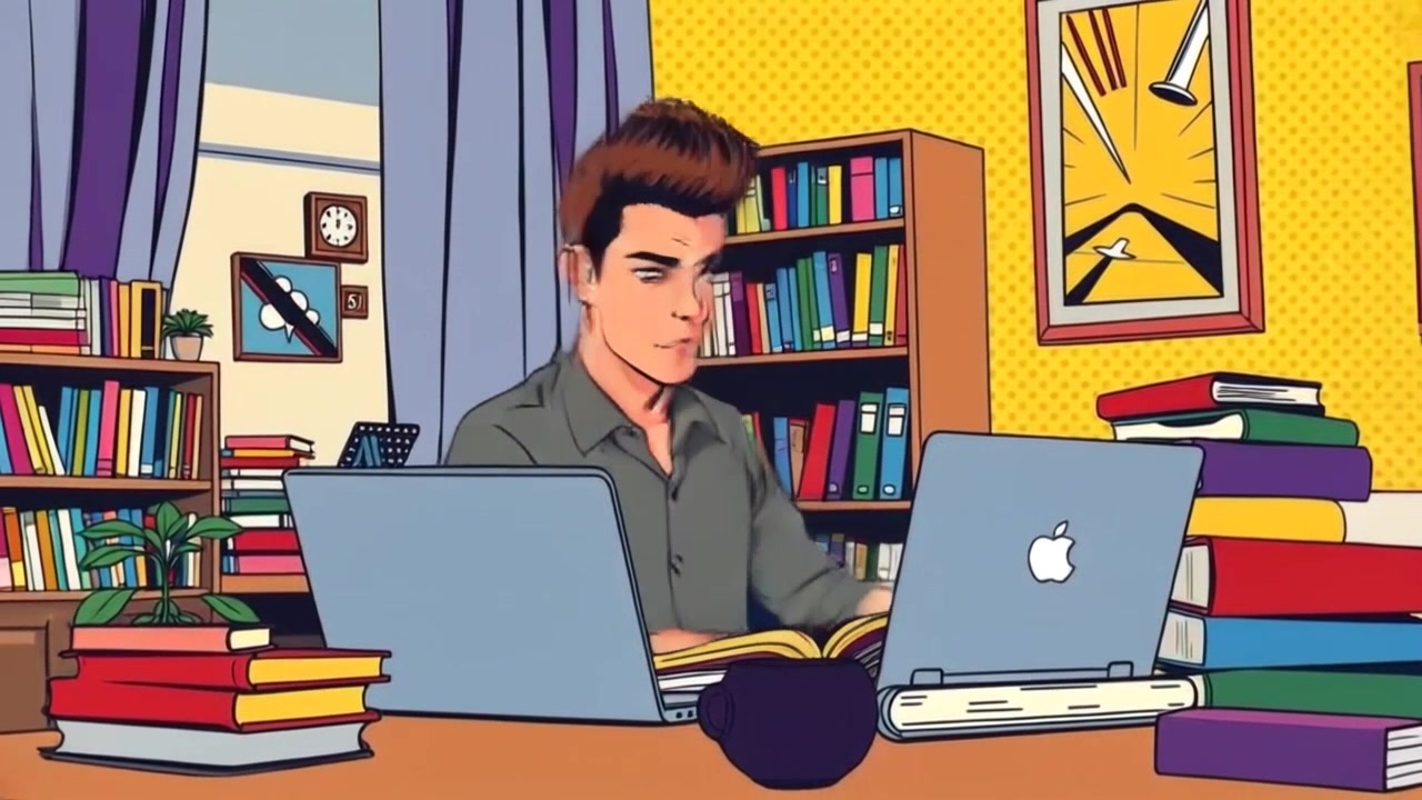 Subject: A focused individual studying at a desk. Subject movement: The individual occasionally adjusts their posture while flipping through pages of a book. Scene: A cozy, well-lit bedroom filled with books and a laptop, creating an atmosphere of concentration. Camera: Smooth dolly in, gradually tightening the frame, capturing the details of the surrounding books and the focused expressions. Lighting: Soft, ambient light streaming through a window, creating a warm and inviting atmosphere.
