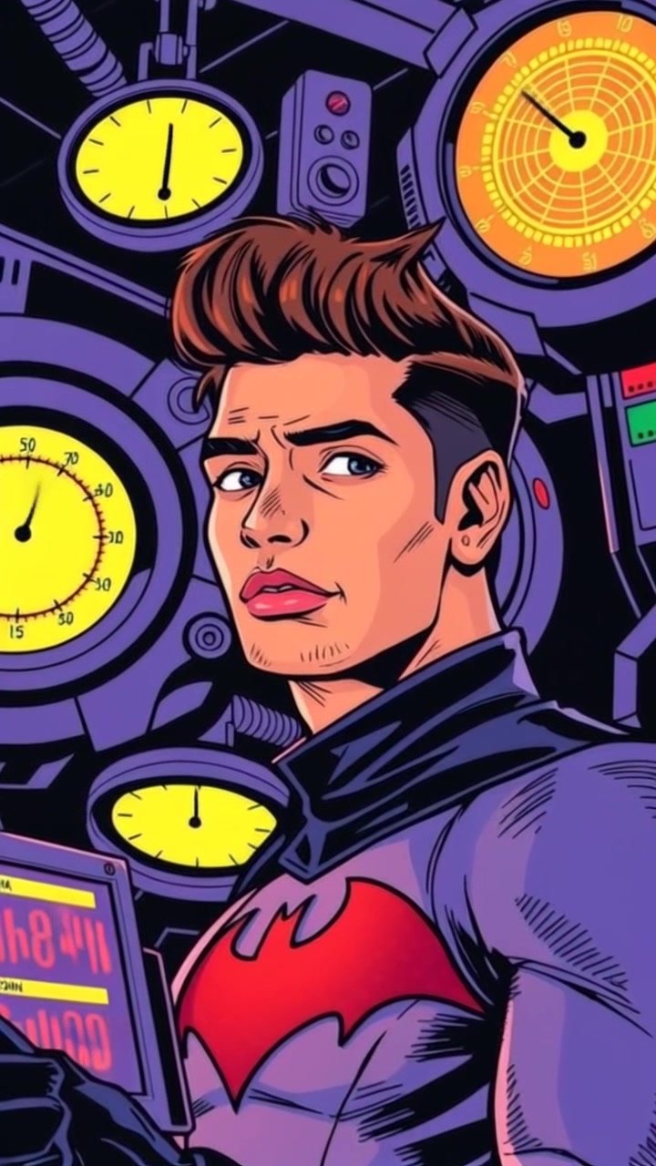 Scene: Inside the Batcave, filled with advanced technology and multiple screens displaying energy readings. Style: Dimly lit with dramatic shadows, creating an intense atmosphere reflecting concern. Motion: The camera slowly pushes in toward Amir, focusing on his tense expression as he monitors the screens, capturing the gravity of the situation.