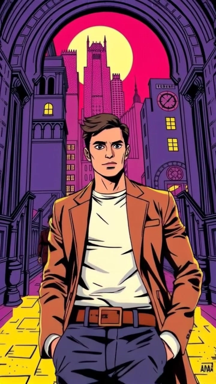 Subject: A confident figure stepping through a glowing portal into the gritty urban landscape of Gotham. Subject movement: The figure strides forward with intrigue, body slightly leaning as they enter the new world. Scene: A dark, moody Gotham cityscape with towering skyscrapers, flickering streetlights, and an air of mystery. Style: Dim, atmospheric lighting with neon glows illuminating the cobblestone streets. Motion: Camera pushes in dramatically on the figure as they pass through the portal, capturing the transformation of their expression and the stark contrast of the vibrant portal against the shadowy city.