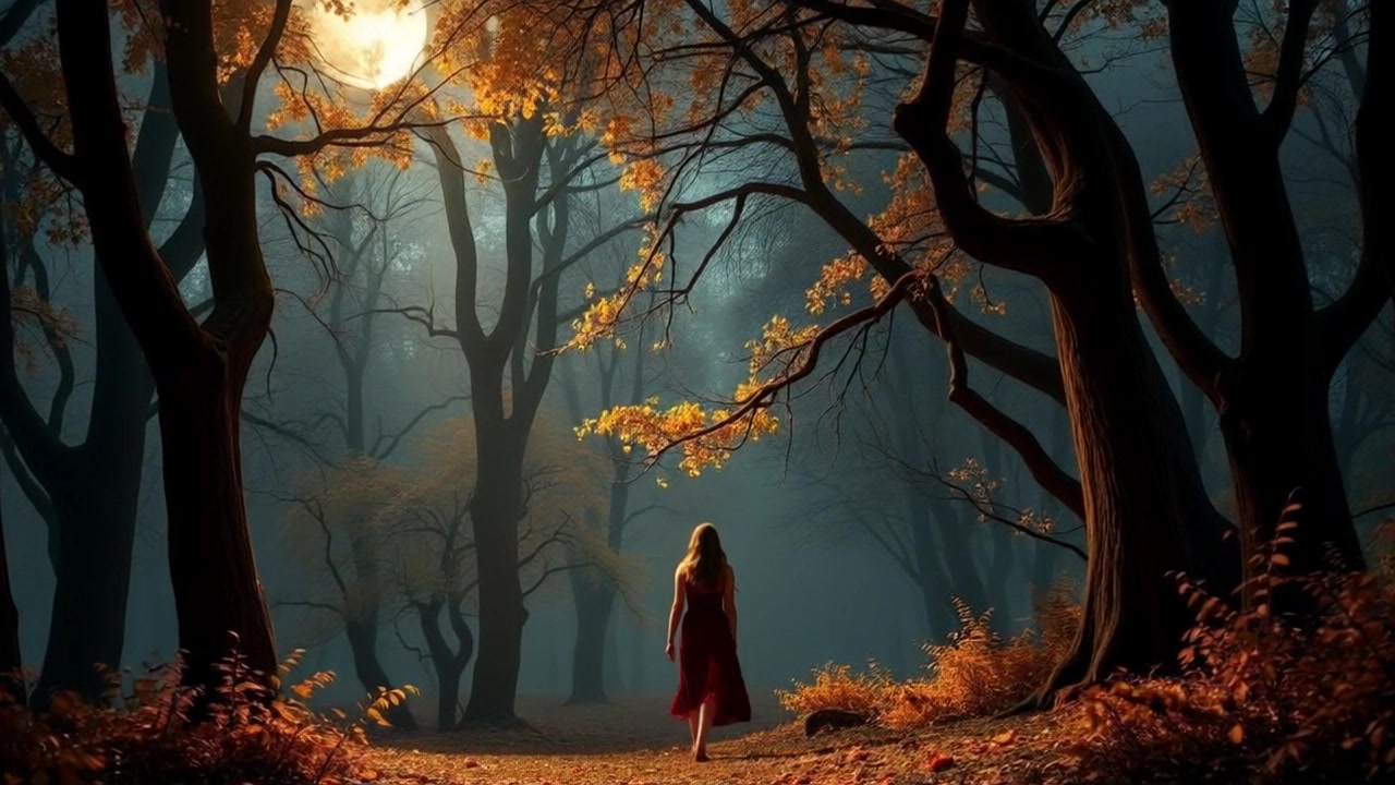 Subject: Maya walking alone. Subject movement: She moves gracefully through the enchanted forest, her silhouette softly illuminated by the moonlight. Scene: A mystical forest enveloped in shimmering leaves and towering trees under the ethereal glow of the moon. Style: Soft, cool moonlight creates a magical ambiance, enhancing the beauty of the surrounding nature. Motion: Camera follows Maya from a slight distance, creating a smooth tracking shot that captures her serene passage and the delicate rustling of leaves.