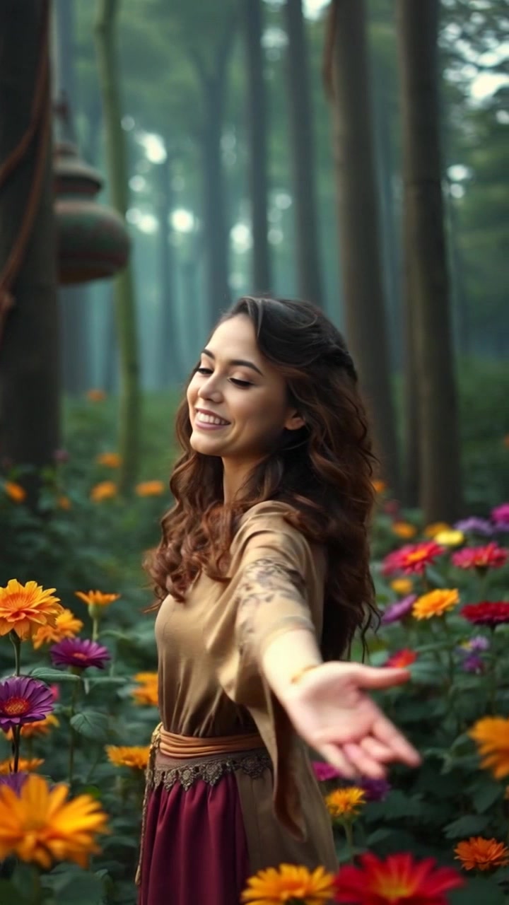 Subject: A joyful individual stands in a vibrant forest surrounded by colorful flowers. Subject movement: The individual spins playfully, arms extended wide, embracing the natural beauty around them. Scene: Lush green forest towering with trees, a carpet of colorful flowers blooming at their feet. Lighting: Soft, dappled sunlight filtering through the leaves, creating a warm and inviting atmosphere. Motion: The camera performs a smooth, sweeping pan around the individual, capturing the kaleidoscope of colors and the gentle flutter of petals in the breeze.