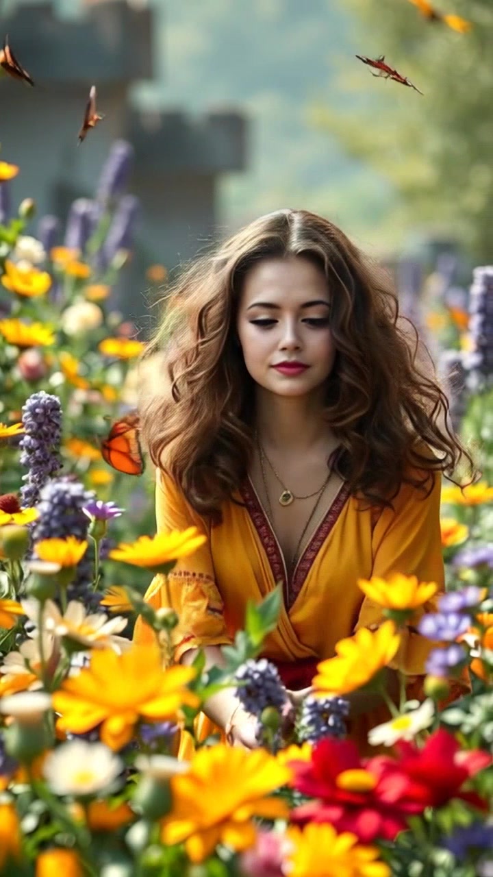 Subject: Maya joyfully playing among colorful flowers in a vibrant garden. Subject movement: She runs and twirls, reaching out to catch butterflies as they flutter around her. Scene: A lively flower garden bursting with various blooms and butterflies, framed by a bright blue sky. Lighting: Warm, natural sunlight illuminating the flowers and casting playful shadows. Motion: The camera follows Maya's movements with a smooth tracking shot, weaving through the flowers and capturing the delightful chaos of nature around her.